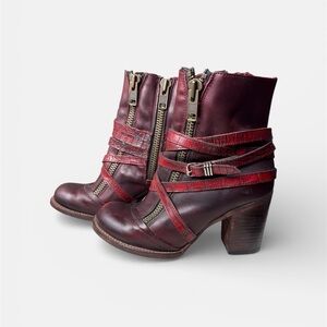 FREEBIRD by Steven Oxblood Leather Multi Zipper Moto Ankle Boots Stacked Heel 8